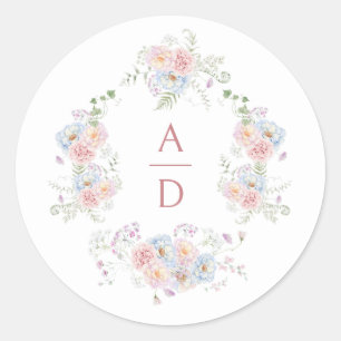 Adesivo Redondo Monogramas de casamentos de pastel Peonies