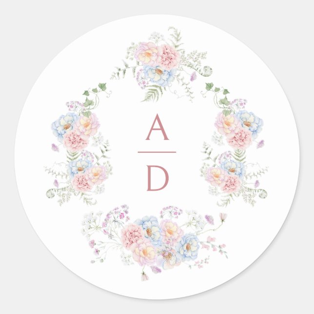 Adesivo Redondo Monogramas de casamentos de pastel Peonies (Frente)