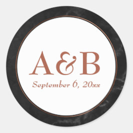 Adesivo Redondo Monogramas de cobre e data sobre mármore preto