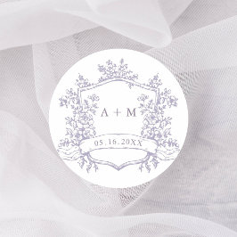 Adesivo Redondo Monogramas de Crista Floral de Lavanda Clássica