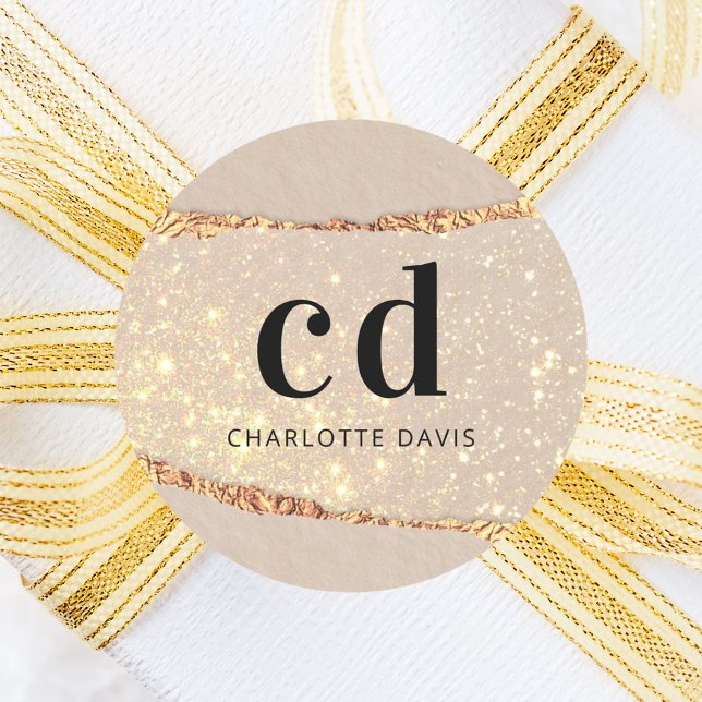 Adesivo Redondo Monogramas de dourado bege agata marble (Criador carregado)