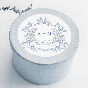 Adesivo Redondo Monogramas de Floral Crest em Azul Poeirento Cláss