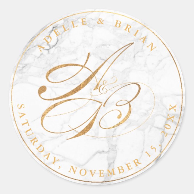 Adesivo Redondo Monogramas Dourados de caligrafia inversa/mármore  (Frente)