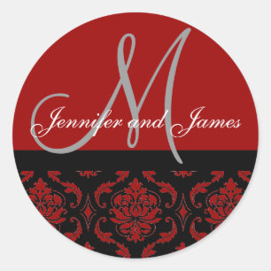 Adesivo Redondo Monogramas e nomes Damask Burgundy Red Wedding Sea
