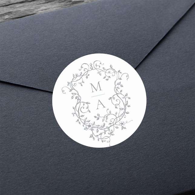 Adesivo Redondo Monogramas Elegante De Peste Floral De cinza (Criador carregado)