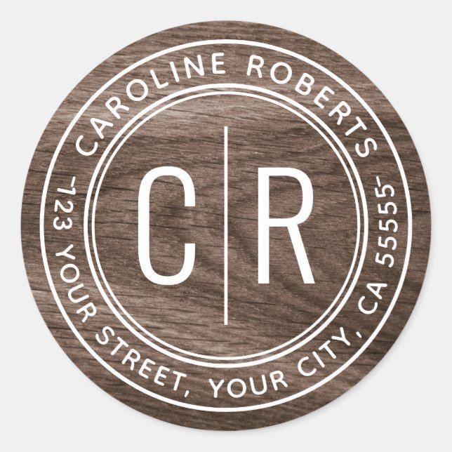 Adesivo Redondo Monogramas iniciais elegante de madeira para retor (Frente)