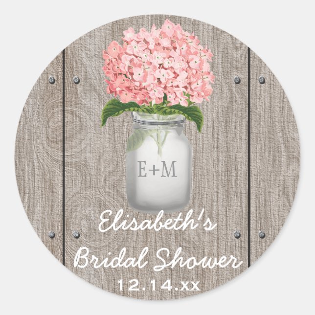 Adesivo Redondo Monogramas Mason Jar Pink Hydrangea Chá de panela (Frente)