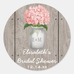Adesivo Redondo Monogramas Mason Jar Pink Hydrangea Chá de panela