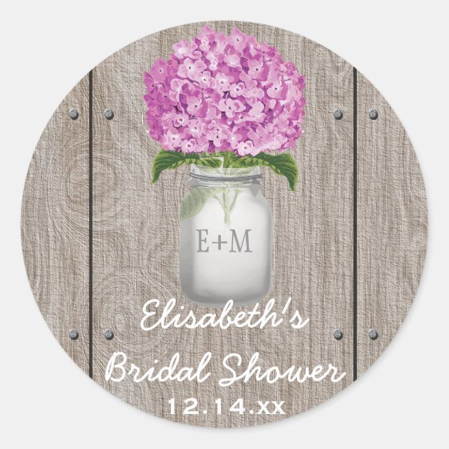 Adesivo Redondo Monogramas Mason Jar Plum Hydrangea Chá de panela (Frente)