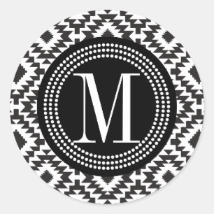 Adesivo Redondo Monogrammed tribal asteca chique preto & branco