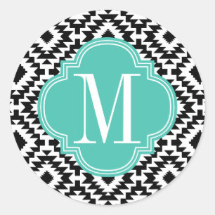 Adesivo Redondo Monogrammed tribal asteca chique preto & branco