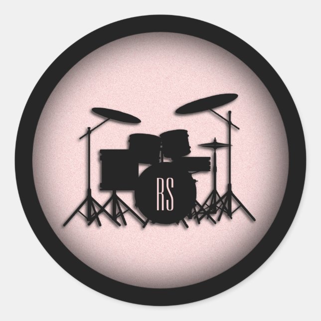Adesivo Redondo Monogramo Drum Set Music Design Rosa (Frente)