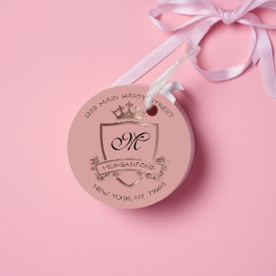 Adesivo Redondo Monogramo Endereço de devolução Coroa Rosa Real