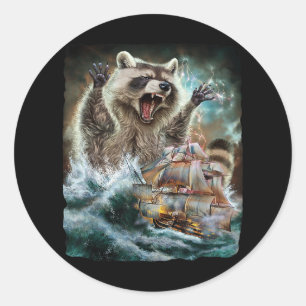 Adesivo Redondo Monster Raccoon Como Kraken Ataca Um Navio De Guer
