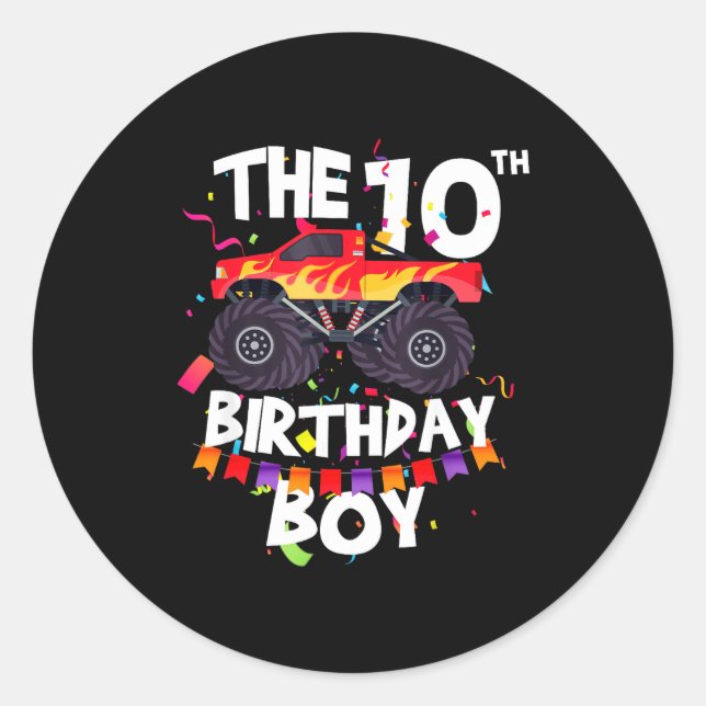 Adesivo Redondo Monster Truck 10th Birthday Boy Funny 10 Years Old (Frente)