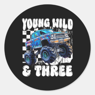 Adesivo Redondo Monster Truck Aniversário de 3 anos Jovem Selvagem