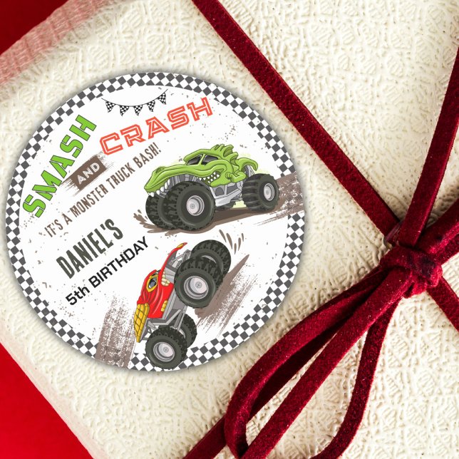 Adesivo Redondo Monster truck bash cool modern cute 5th birthday  (Criador carregado)