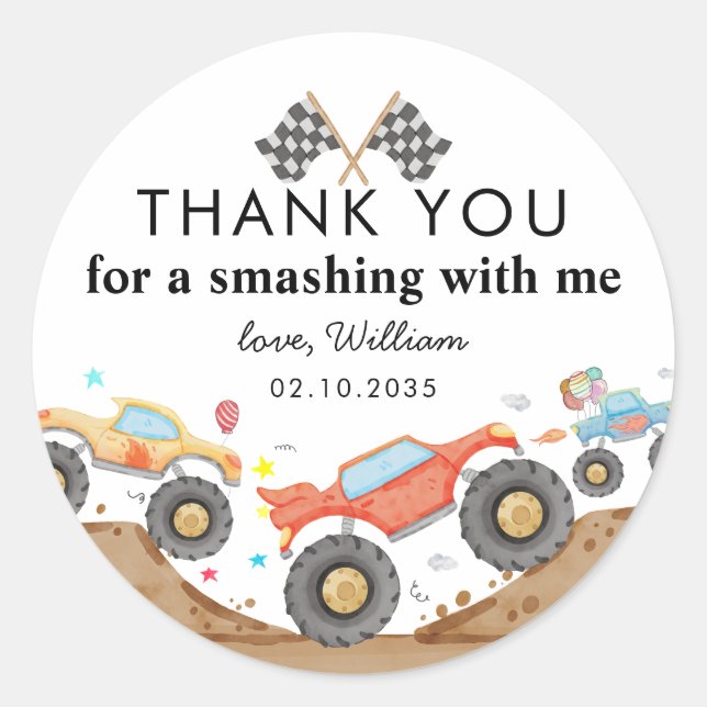 Adesivo Redondo Monster Truck Bash Race Aniversário de criança Obr (Frente)