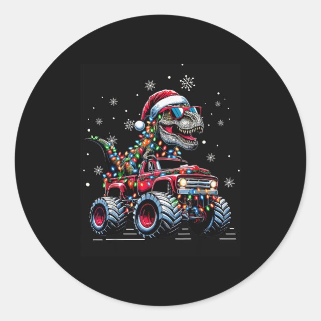 Adesivo Redondo Monster Truck Dinosaur Trex Christmas Boys Kids  (Frente)