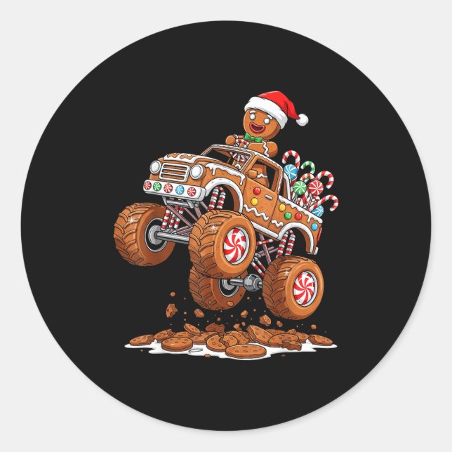 Adesivo Redondo Monster Truck Gingerbread Man Funny Christmas Baki (Frente)