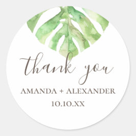 Adesivo Redondo Monstera. Agradecimento de casamento tropical aqua