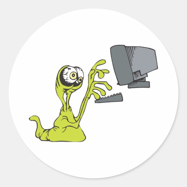 Adesivo Redondo monstro alienígena blob digitando em computador ve (Frente)
