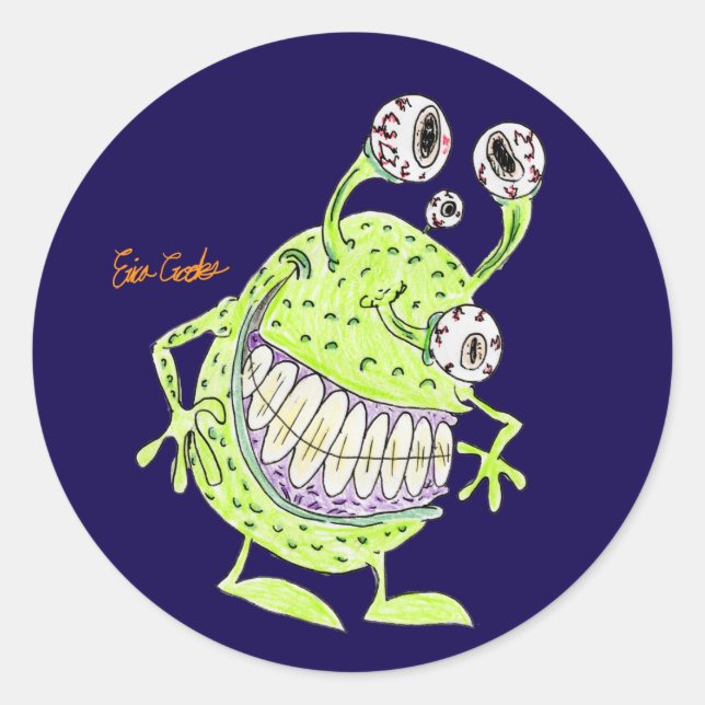 Adesivo Redondo monstro alienígena verde de 4 olhos (Frente)