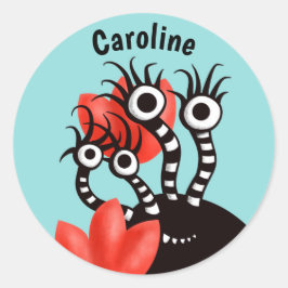 Adesivo Redondo Monstro Bonito Com Abstrato de Quatro Olhos Nome
