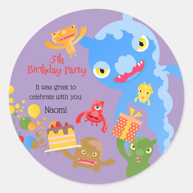 Adesivo Redondo Monstro do Pequeno Partido e Festa de aniversário  (Frente)