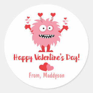 Adesivo Redondo Monstro e coração cor-de-rosa com Dia de os namora