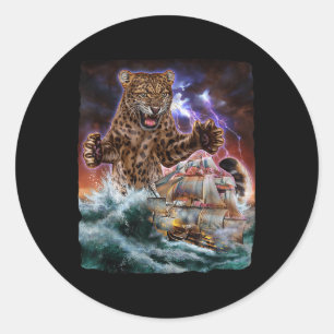 Adesivo Redondo Monstro Jaguar Cat Como Kraken Ataca Um Navio De G