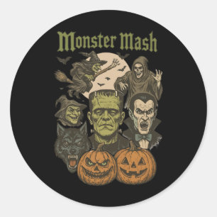Adesivo Redondo Monstro Mash Retro Halloween Monstro Engraçado Spo
