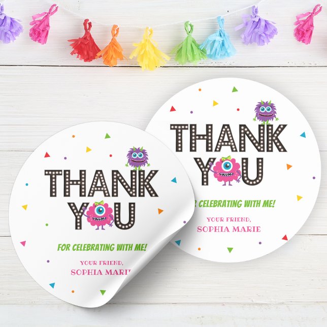 Adesivo Redondo Monstro Rosa Obrigado Sticker (Pink Monster Thank You Sticker)