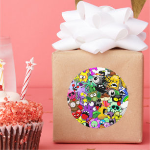 Adesivo Redondo Monstros - Caracteres Bonitos Padrão de Halloween