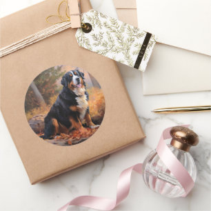 Adesivo Redondo Montanha Bernesa nas Folhas do outono cai inspirad