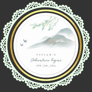 Adesivo Redondo Montanha de Aquarela de Vegetação Rústica