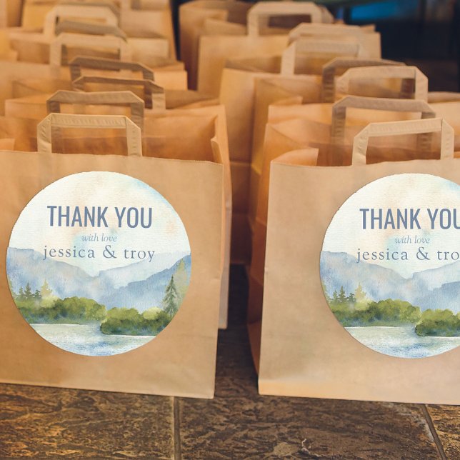 Adesivo Redondo Montanha Lake Watercolor Casamento Obrigado (Criador carregado)