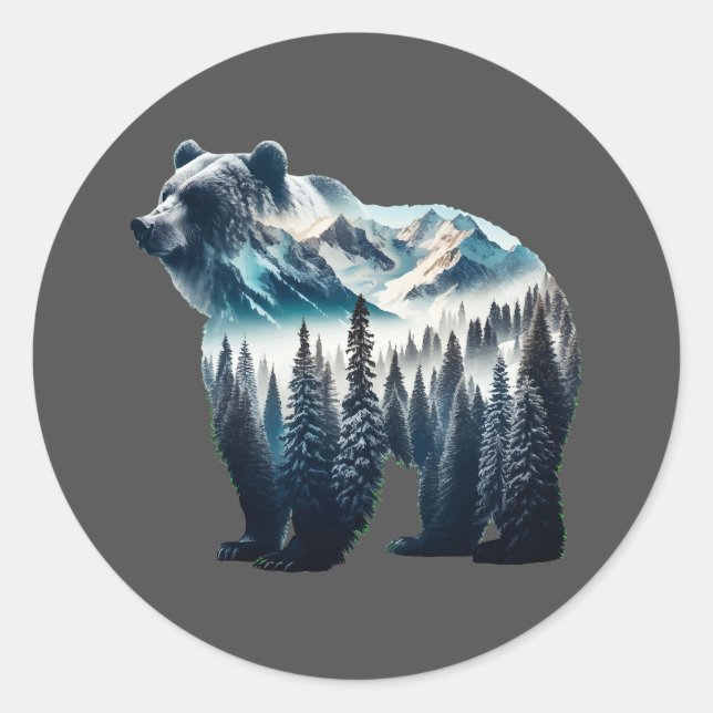 Adesivo Redondo Montanhas e florestas de Ursos Grizzles (Frente)
