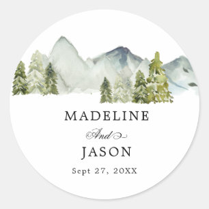 Adesivo Redondo Montanhas Rustic Greenery Forest Casamento Script
