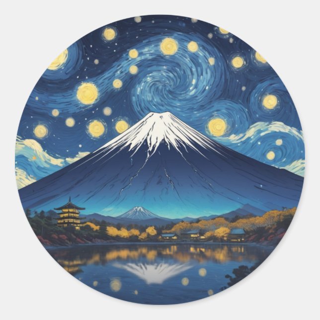Adesivo Redondo monte fuji em noite estrelada (Frente)