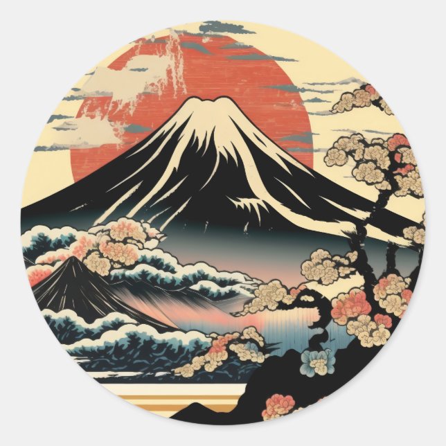 Adesivo Redondo Monte Fuji, Fugaku, fujiyama, Ukiyo-e Art, (Frente)