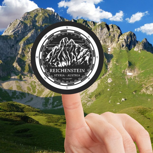 Adesivo Redondo Monte Reichenstein - Alps Styria Austria (Mount Reichenstein - Styria Austria Alps Sticker in Back with a white compass mountain illustration)