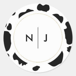 Adesivo Redondo Moo Cow Manchas Impressão Casamento Preto e Branco