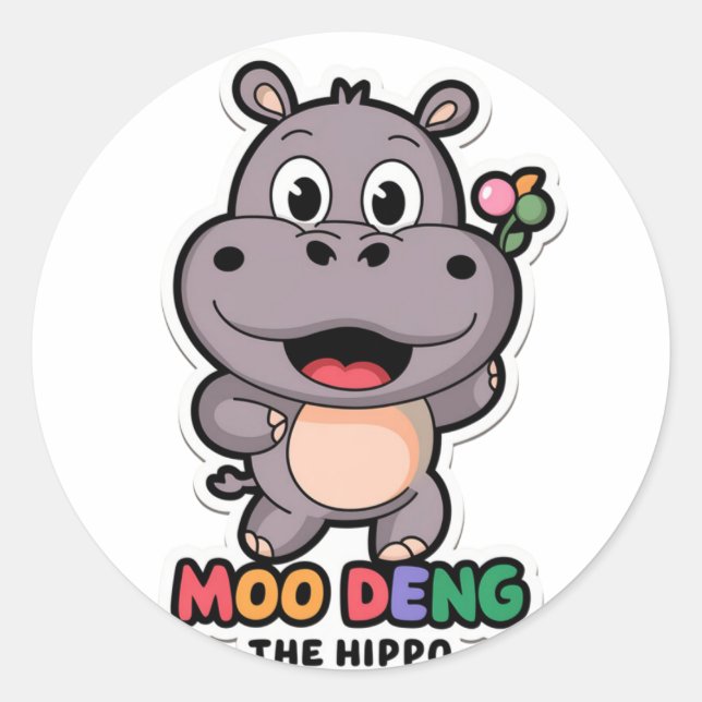 Adesivo Redondo Moo Deng Cute Cartoon Hippo (Frente)
