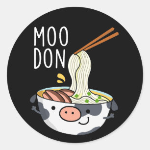 Adesivo Redondo Moo-don Funny Udon Pun Fundo Preto Escuro