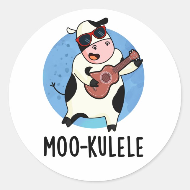 Adesivo Redondo Moo-kulele Funny Ukulele Cow Pun (Frente)