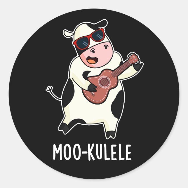 Adesivo Redondo Moo-kulele Funny Ukulele Cow Pun Dark BG (Frente)
