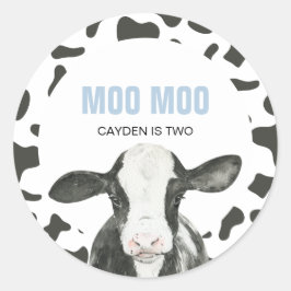 Adesivo Redondo MOO MOO Eu TENHO DOIS Impressão de Vaca aniversári