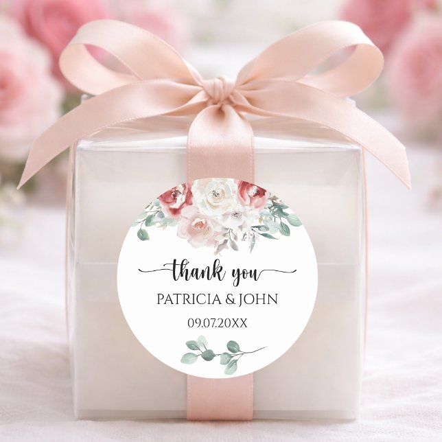 Adesivo Redondo Moody Blush Rose Floral Wedding Thank You (Criador carregado)