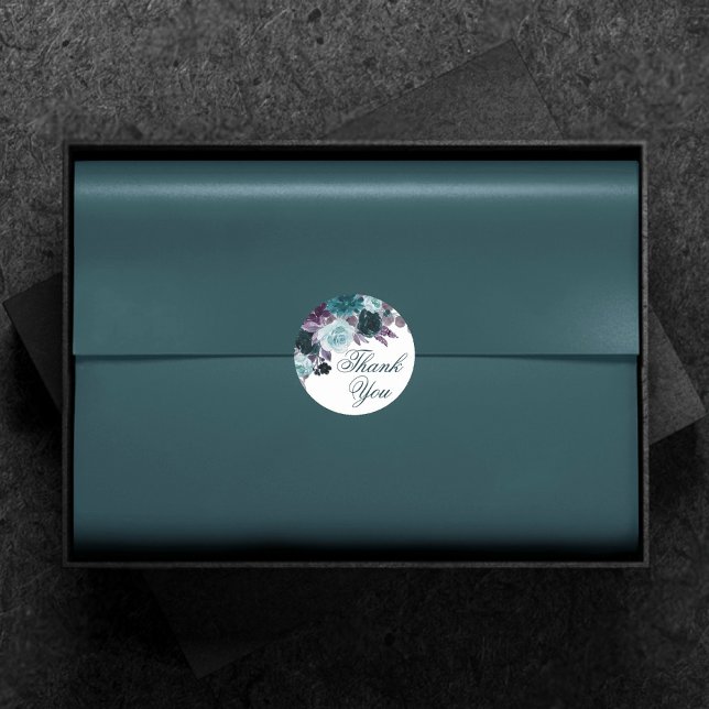 Adesivo Redondo Moody Boho | Teal e Turquoise Floral Obrigado (Criador carregado)